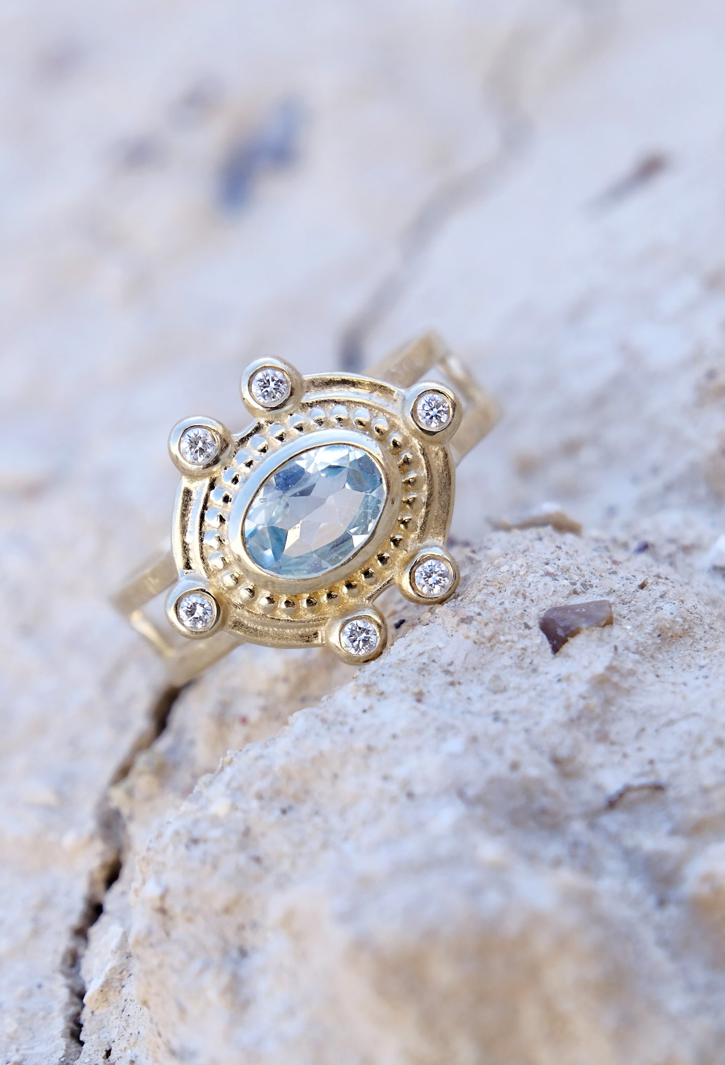 MALKA Ring 14K Solid Gold Sky Blue Topaz and Lab Diamonds