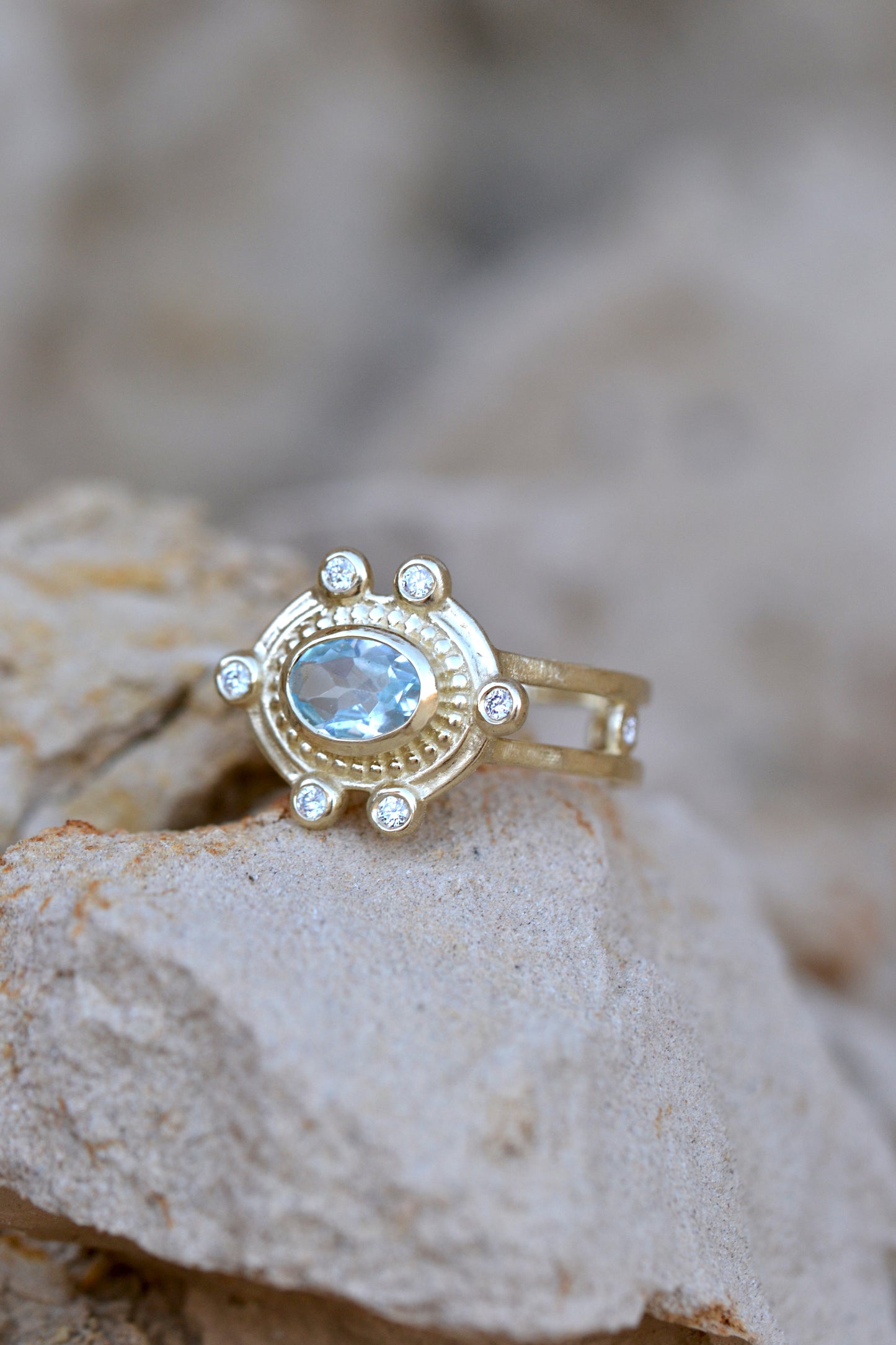 MALKA Ring 14K Solid Gold Sky Blue Topaz and Lab Diamonds