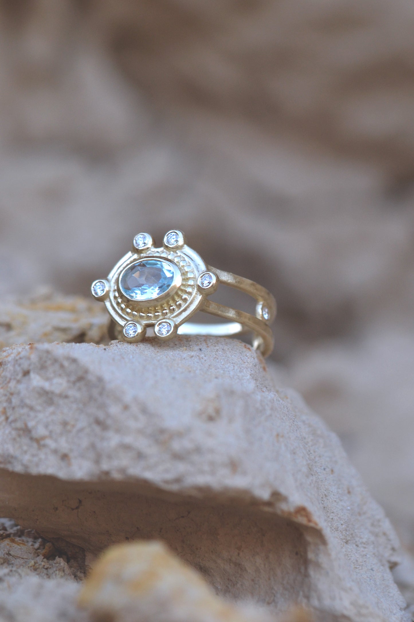 MALKA Ring 14K Solid Gold Sky Blue Topaz and Lab Diamonds