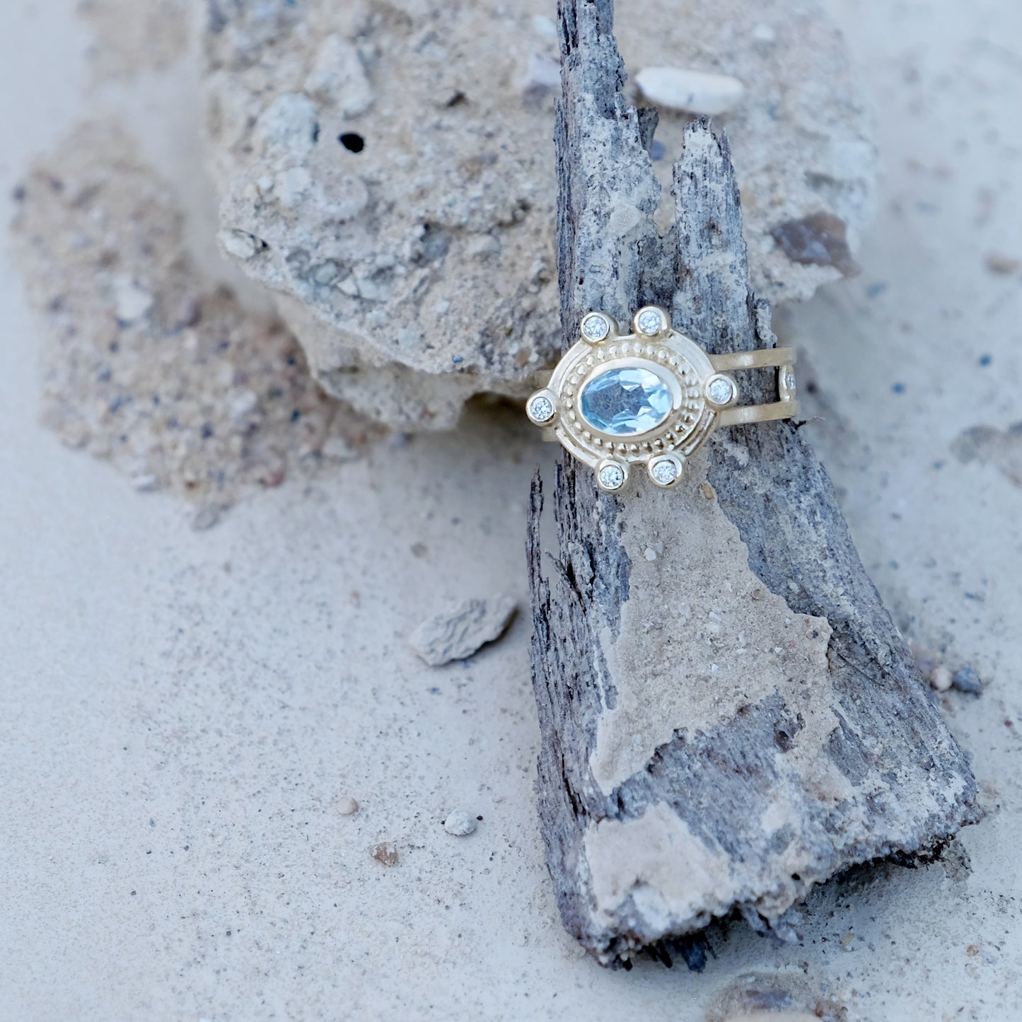 MALKA Ring 14K Solid Gold Sky Blue Topaz and Lab Diamonds