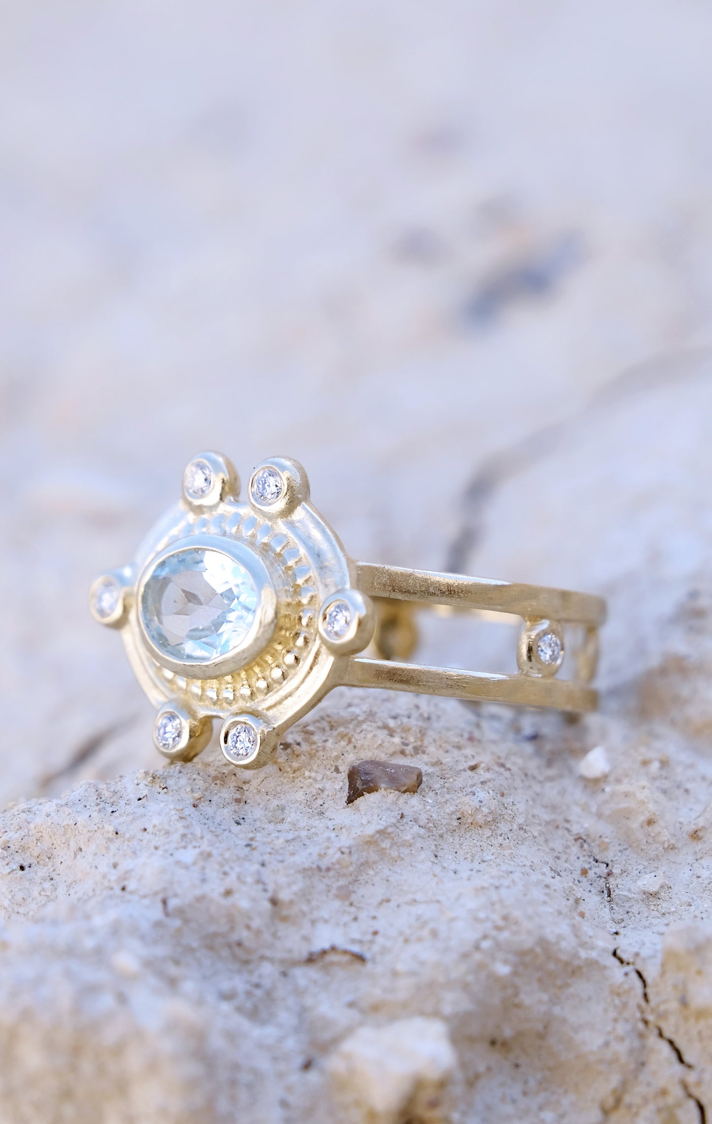 MALKA Ring 14K Solid Gold Sky Blue Topaz and Lab Diamonds