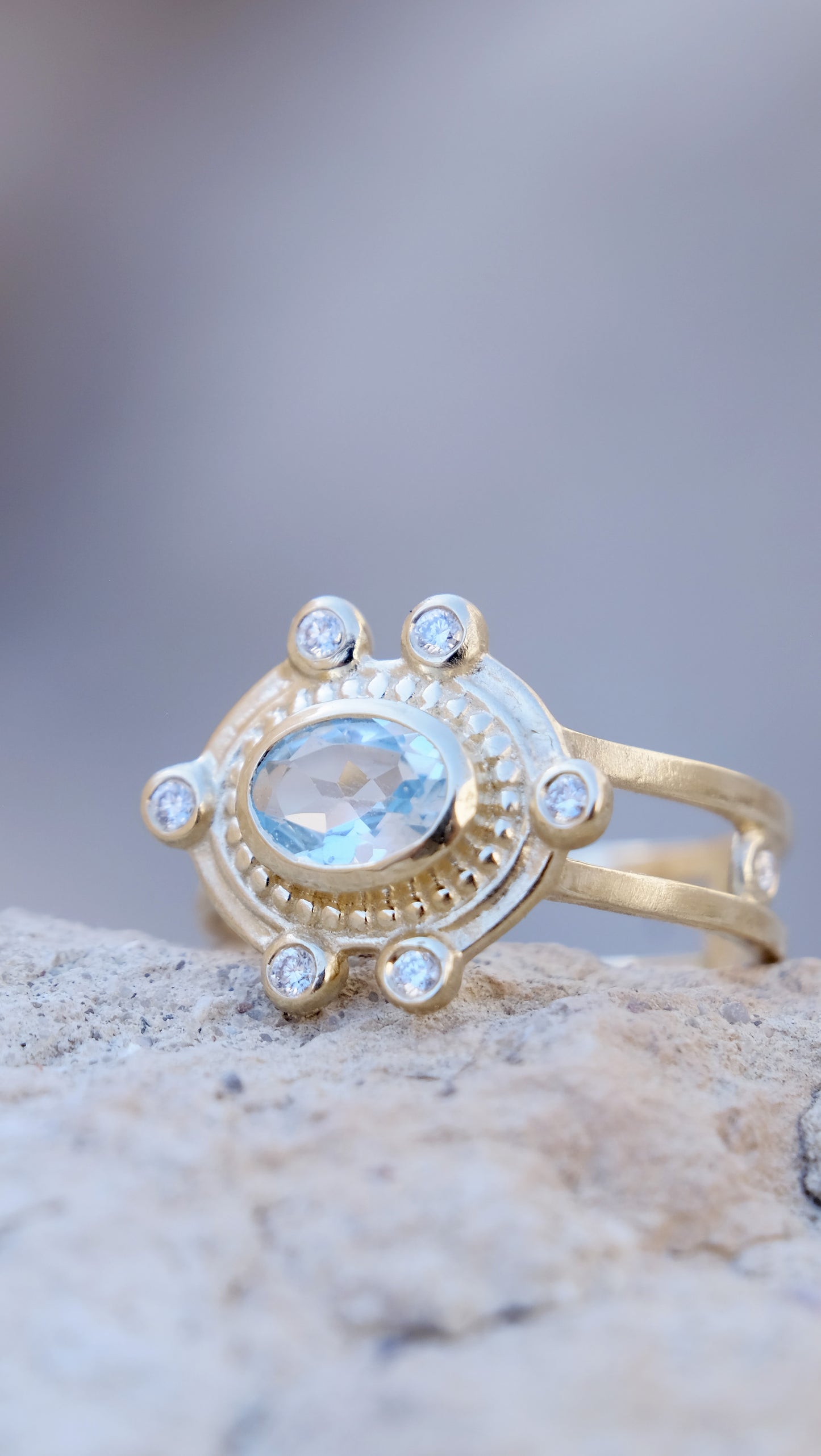 MALKA Ring 14K Solid Gold Sky Blue Topaz and Lab Diamonds