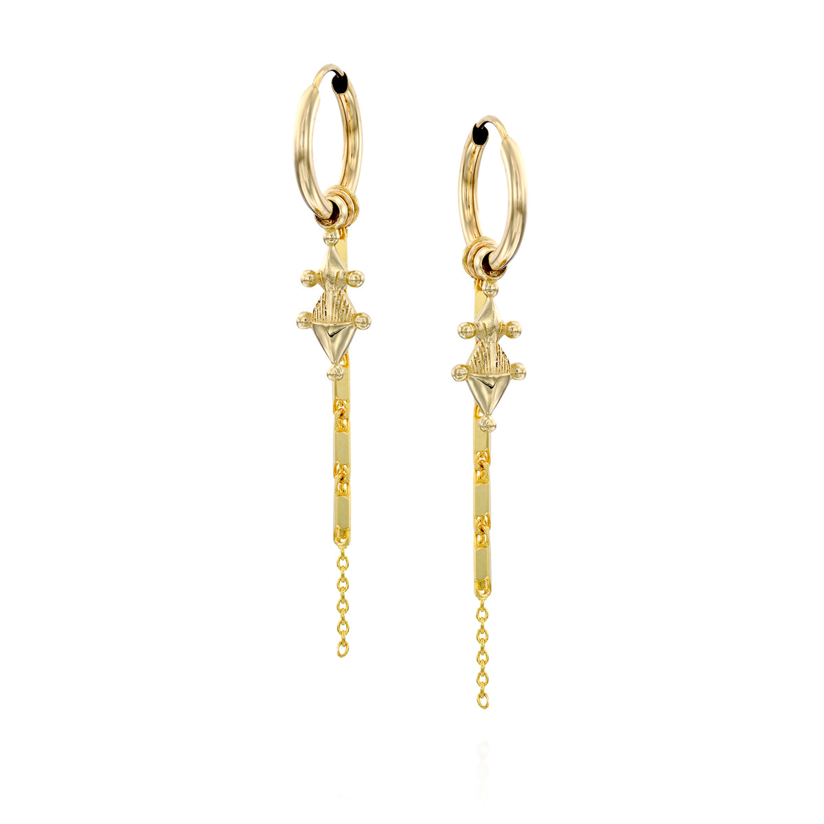 BALU 14K Solid Yellow Gold Dangle Hoop Earrings