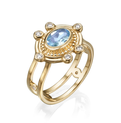 MALKA Ring 14K Solid Gold Sky Blue Topaz and Lab Diamonds