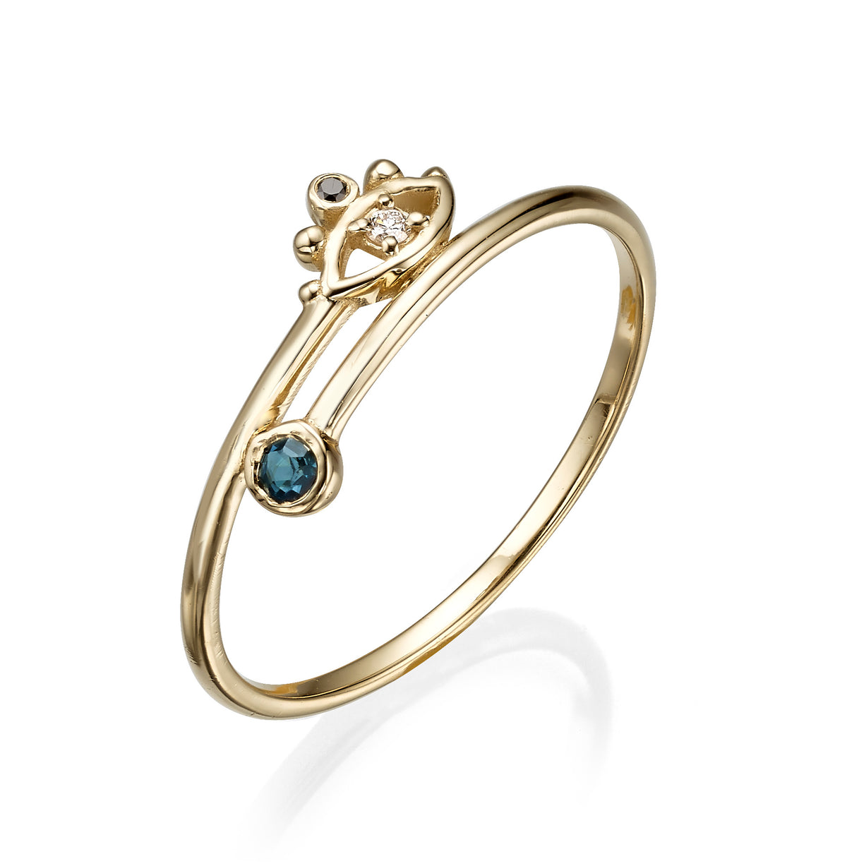 TINY EYE Ring 14K Gold Natural White & Black Diamonds, Teal Sapphire