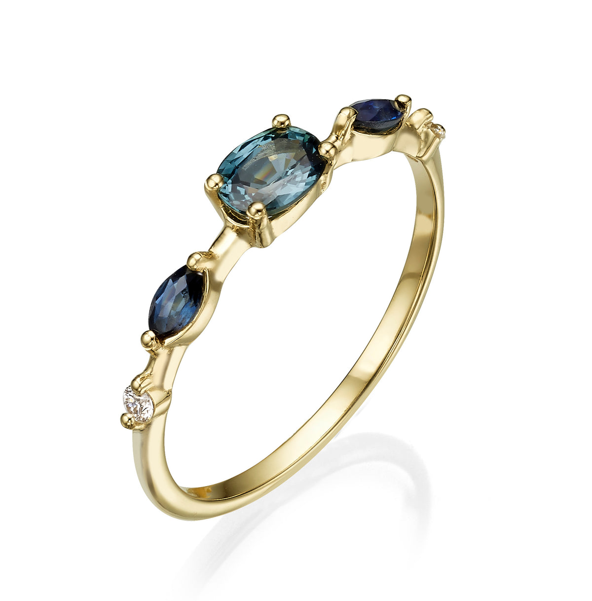 ZOHARA Ring 14K Gold Natural Teal & Blue Sapphires, Lab diamonds
