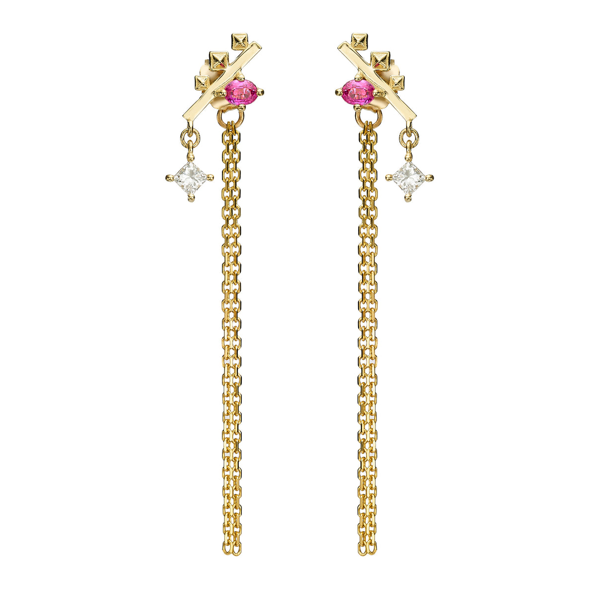 A pair of 14k solid yellow gold stud dangle earrings with natural Ruby oval gemstone, a gold geometric cross motif, and a small princess cut diamond drop, shown on a plain white background.