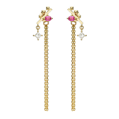 A pair of 14k solid yellow gold stud dangle earrings with natural Ruby oval gemstone, a gold geometric cross motif, and a small princess cut diamond drop, shown on a plain white background.