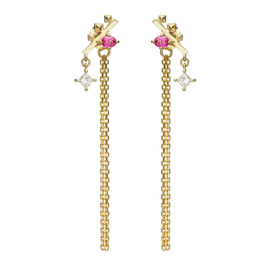 A pair of 14k solid yellow gold stud dangle earrings with natural Ruby oval gemstone, a gold geometric cross motif, and a small princess cut diamond drop, shown on a plain white background.