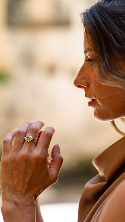 MALKA Ring 14K Solid Gold Sky Blue Topaz and Lab Diamonds