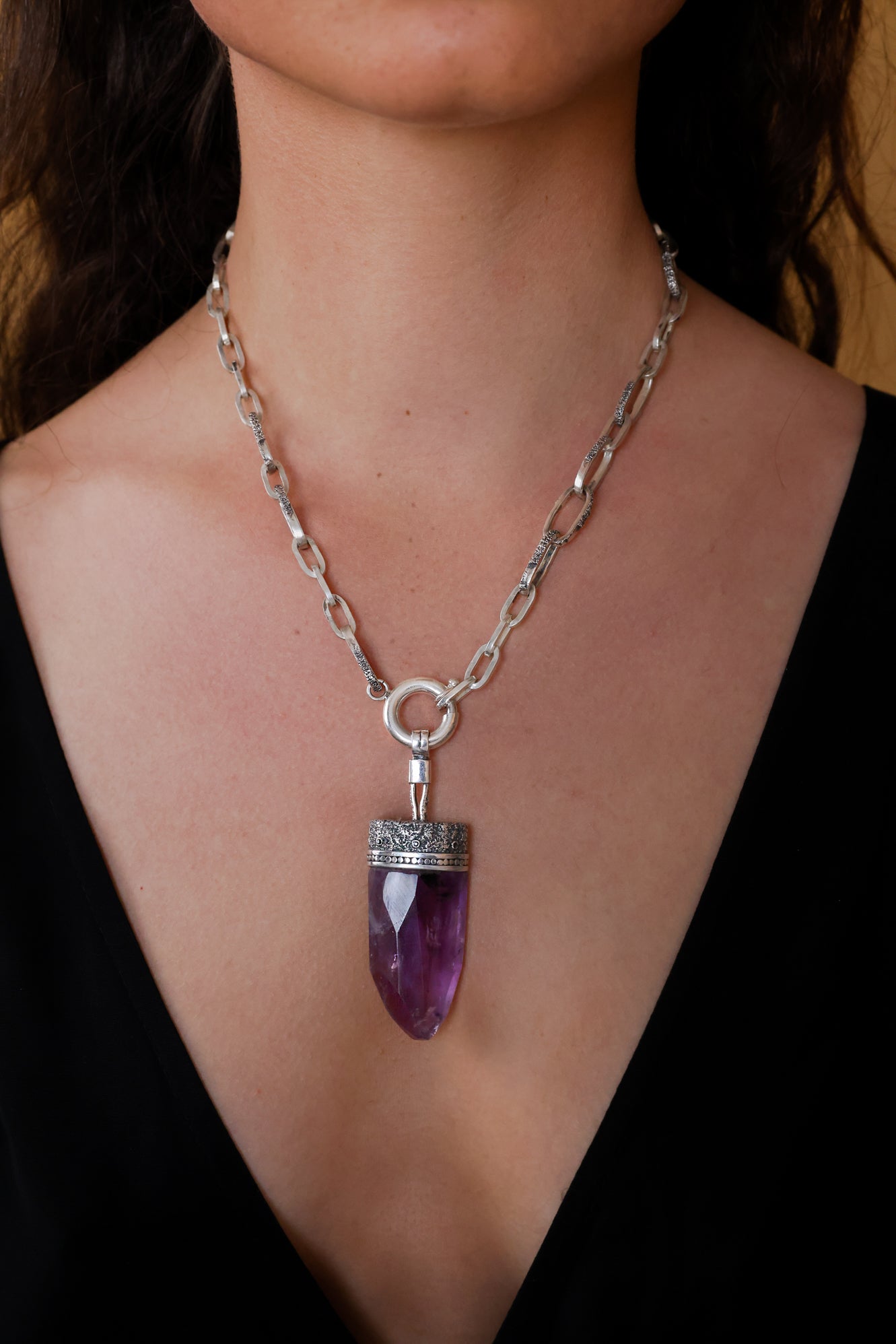 OOAK- Large Amethyst Crystal Pendant, Oversized Chain Linked Necklace