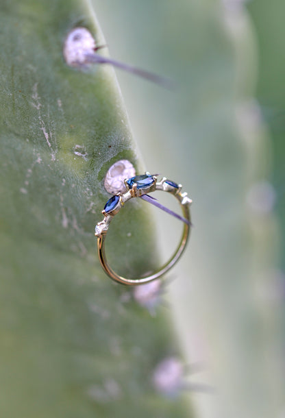 ZOHARA Ring 14K Gold Teal & Blue Sapphires, Lab diamonds