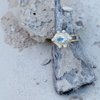 MALKA Ring 14K Solid Gold Sky Blue Topaz and Lab Diamonds