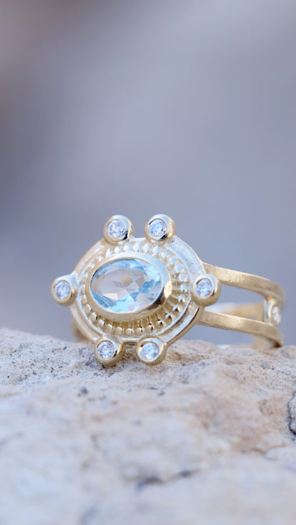 MALKA Ring 14K Solid Gold Sky Blue Topaz and Lab Diamonds