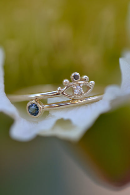 TINY EYE Ring 14K Gold Natural White & Black Diamonds, Teal Sapphire