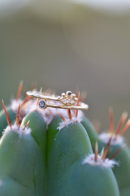 TINY EYE Ring 14K Gold Natural White & Black Diamonds, Teal Sapphire