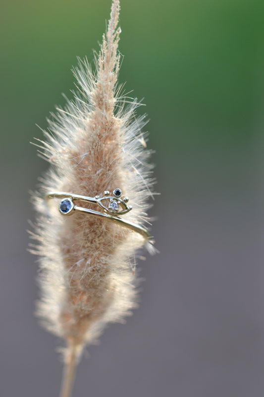 TINY EYE Ring 14K Gold White & Black Diamonds, Teal Sapphire